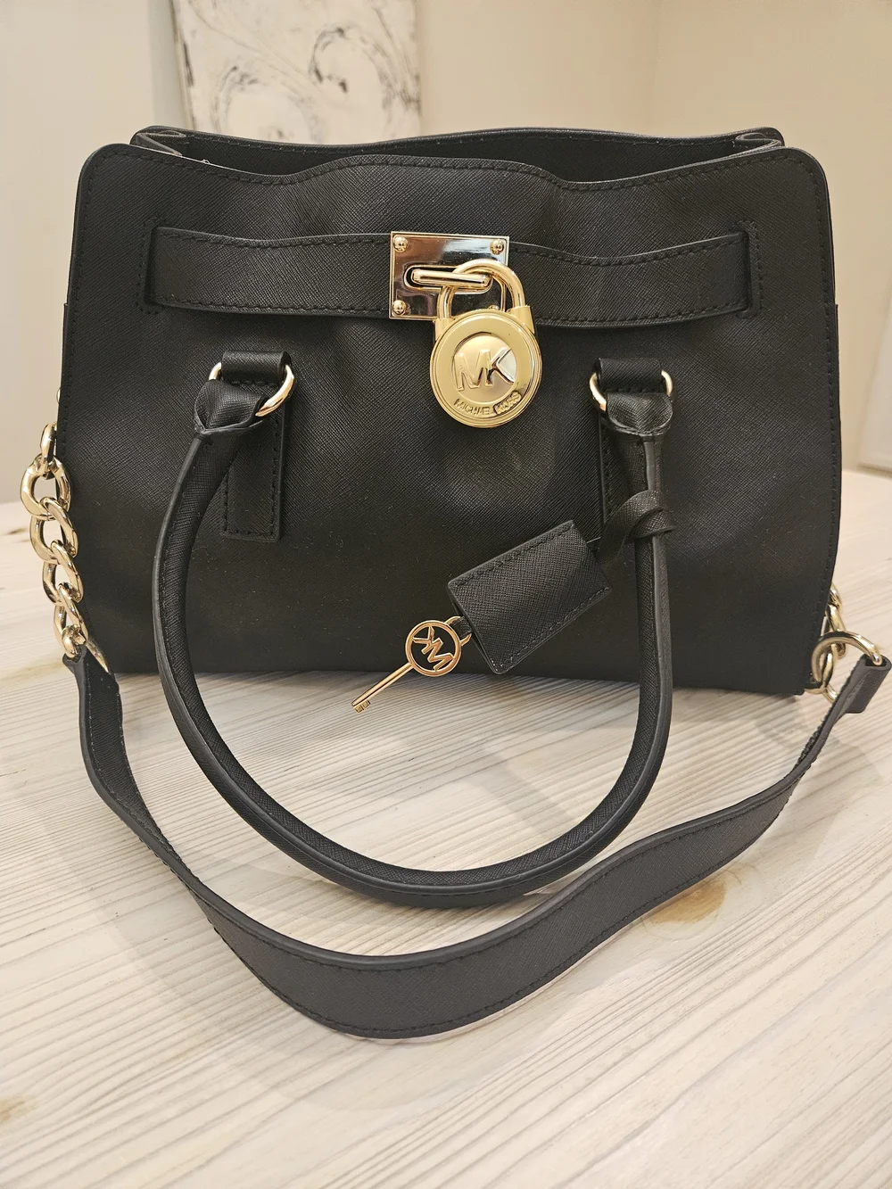 Michael Kors Black Hamiltion Saffiano Leather Satchel with Gold Hardware